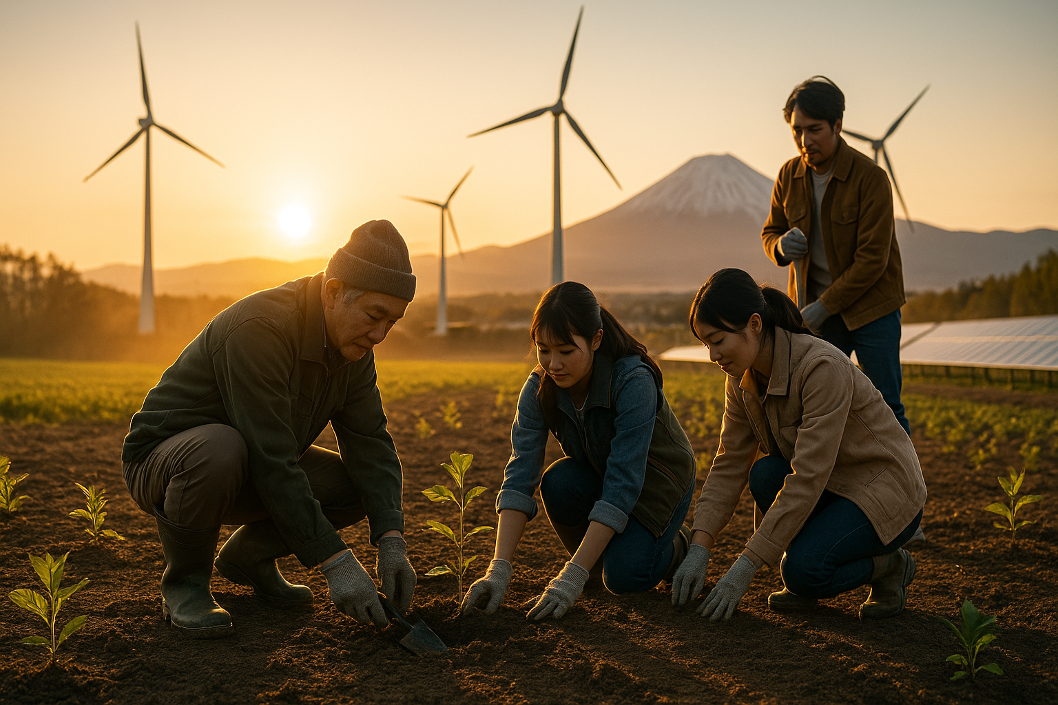 "北海道の畑で苗木を植える地域住民と背後に立つ風力タービン、再生可能エネルギーが共存する夜明けの風景"